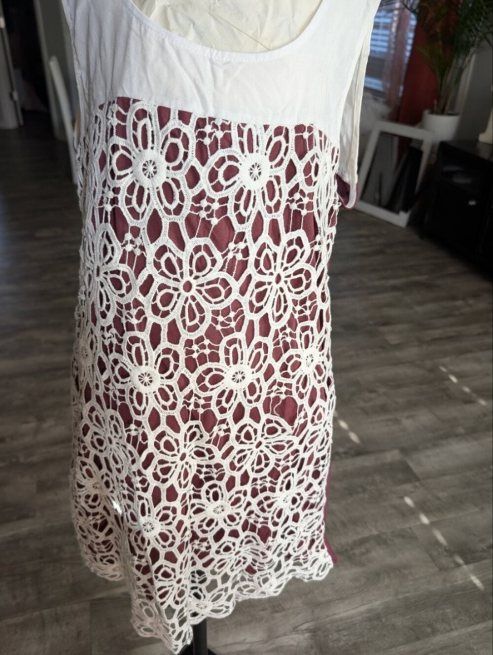 Charming Charlies Cream Crochet Lace Dress with Burgundy Underlay